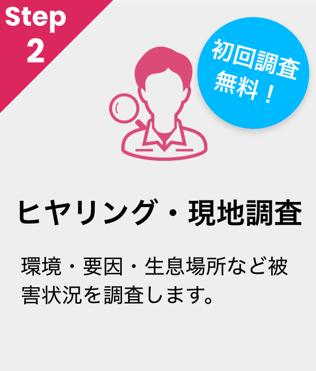 ヒヤリング・現地調査　環境・要因・生息場所など被害状況を調査いたします。
