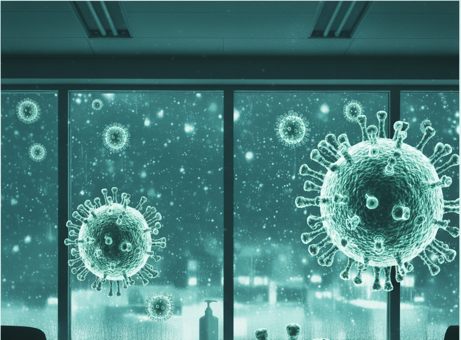 換気不足でインフルエンザウイルスがオフィスに散らばっている